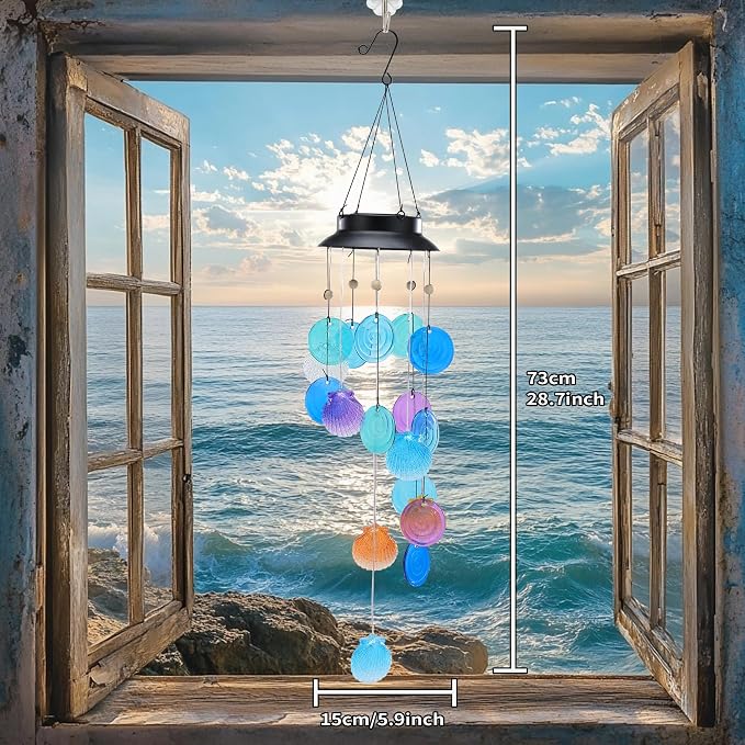 Solar Wind Chimes Outdoor with Glass and Copper (Solar Shell) | Solar Powered, Garden Decor, Patio Decor, Glass and Copper, Outdoor Use