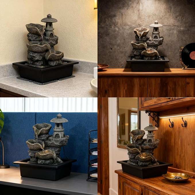 Indoor Tabletop Waterfall Fountain with Rock Pagoda & Lotus Leaf, Design for Home Office Desk Decor, Soothing Zen Water Feature with Warm Light for Relaxation & Meditation