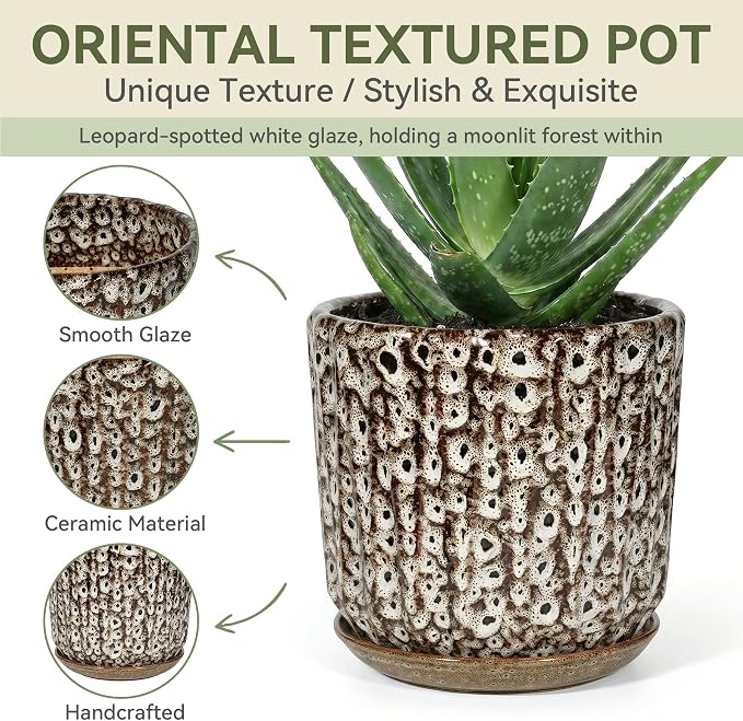 7.5 Inch Ceramic Planter Pot with Saucer Drainage Leak-Proof Mesh,Flower Pots for Indoor Plants with Gardening Gloves,Ceramic Planter(Spotted-White)