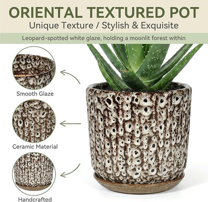 10 Inch Ceramic Planter Pot with Saucer Drainage Leak-Proof Mesh,Flower Pots for Indoor Plants with Gardening Gloves,Ceramic Planter(Spotted-White)