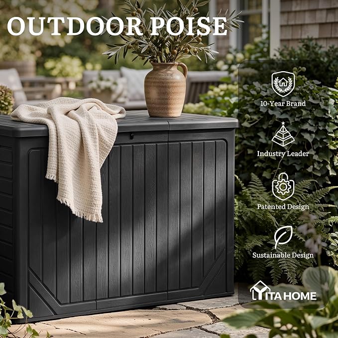 YITAHOME 230 Gallon Extra Large Outdoor Storage Box | Waterproof Double-Wall Deck Box with Hydraulic Piston for Garden Tools, Pool Accessories & Cushions, Resin Deck Organizer