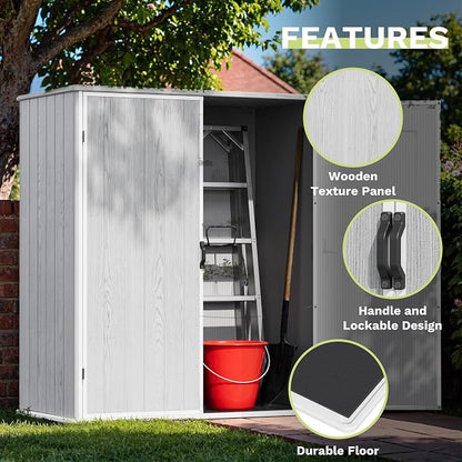 Devoko 5x3 Resin Outdoor Storage Shed with Floor, Waterproof Plastic Outdoor Tool Cabinet with Lockable Doors for Lawn Backyard Garden, Light Gray