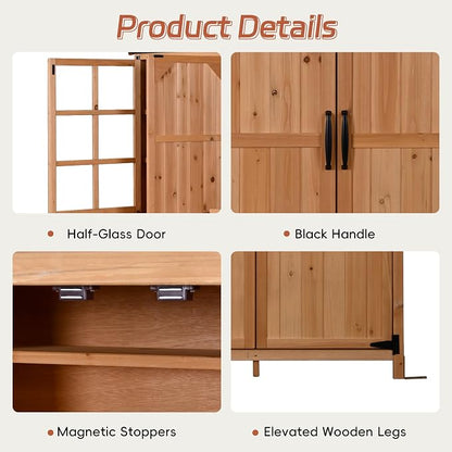 Merax Outdoor Wood Large Patio Garden Storage Shed with Waterproof Roof, 3 Doors Storage Cabinet with Workstation, 7 Storage Shelves, 2 Drawers and 6 Hooks for Backyard, Natural