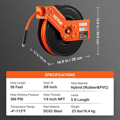 VEVOR Retractable Air Hose Reel 3/8 IN x 50 FT Hybrid Air Hose Max 300PSI | 5ft Lead in, Ceiling/Wall Mount, Single Arm, Heavy Duty Steel Air Compressor Hose Reel