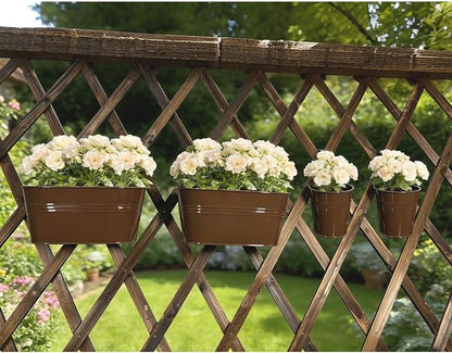 Pack of 4 Metal Hanging Planters for Outdoor Plants, 2 Pcs 4" Round Railing Planter & 2 Pcs 10" Oval Fence Flower Pots for Balcony Garden Decor, Chocolate