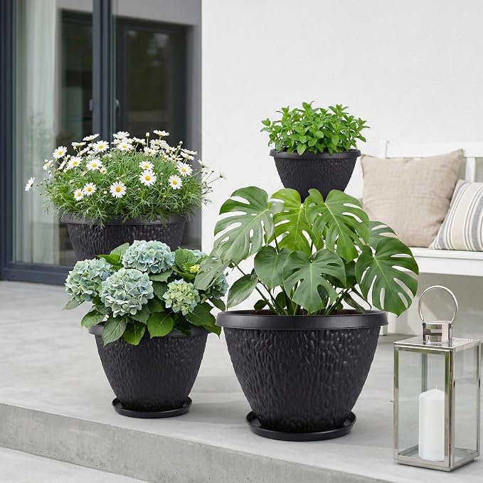Nooulap 4 Pack 12 inch Plant Pots for Outdoor Indoor, Flower Pots with Drainage Holes & Saucer, Large Outdoor Planters for Garden Porch Balcony (Black)