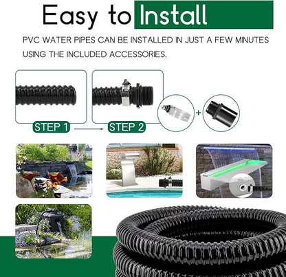 LONGRUN Pond Tubing 1.5 Inch 1-1/2'' Diameter, 26.9 ft Long Corrugated Flexible Hose Pipe with Clamps Pipe Fittings, Pool PVC Tube for Garden Ponds Waterfalls Camping Caravans Filters Drainage Marine
