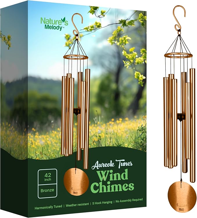 Nature’s Melody Aureole Tunes Wind Chimes – Outdoor Windchime with 6 Tubes, 100% Rustproof Aluminum, Powder Finish & S Hook Hanger for Sympathy, Memorial Gift or Zen Garden (Bronze, 42")