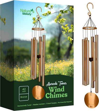 Nature’s Melody Aureole Tunes Wind Chimes – Outdoor Windchime with 6 Tubes, 100% Rustproof Aluminum, Powder Finish & S Hook Hanger for Sympathy, Memorial Gift or Zen Garden (Bronze, 42")