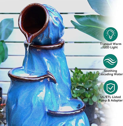 29" Outdoor Water Fountain, Stacked Pots Ceramic Outdoor Fountain | 4-Tier Waterfalls for Garden, Patio, Yard, or Porch Decor, Creating Relaxing Serene Oasis, Dynamic Wave-Texture, Turquoise