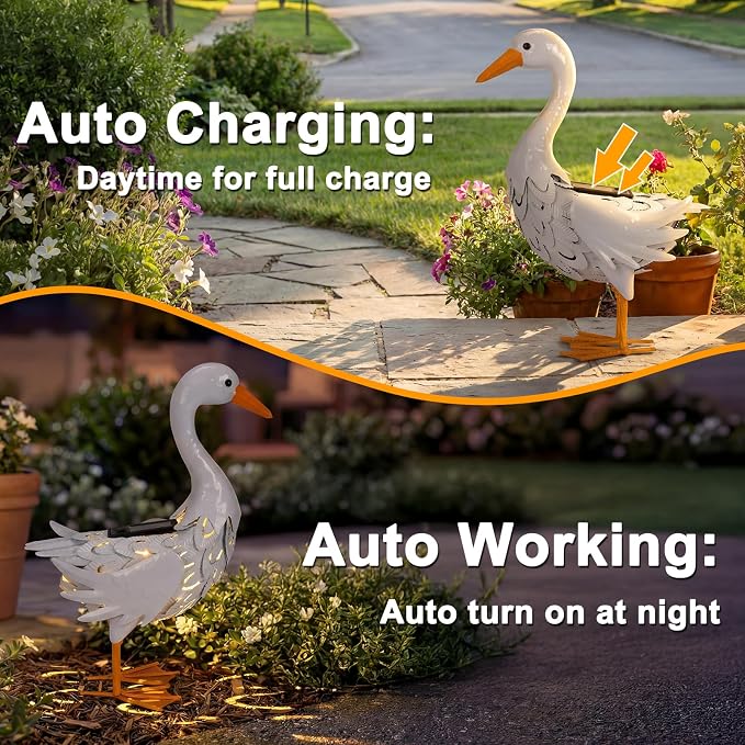Lavezee Porch Goose Statue Lawn Goose Outdoor, Metal Garden Goose with Solar Light for Lawn Yard Backyard, Front Porch Goose for Garden Decoration