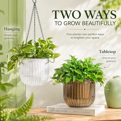 Pumtus 3 Pack Hanging Planters for Indoor Plants, 6.5 Inch Self Watering Flower Pot with Drainage Hole, Plastic Hanging Basket with 3 Hooks Chains, Plant Holder for Outdoor Plants, Herbs (3 Colors)