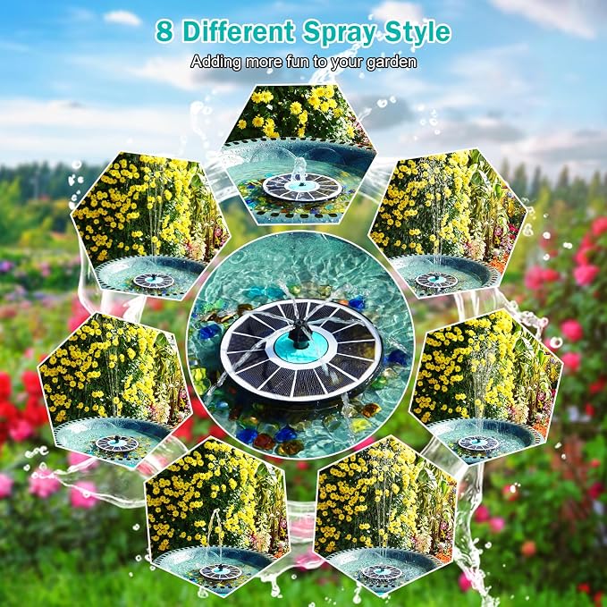 Solar Fountain Cyan Flower, Upgrade 3.5W Solar Bird Bath Fountains, Solar Powered Water Fountain with 7 Nozzles, 4 Fixed Pipes for Hummingbirds, Bird Bath, Garden, Pool, and Pond
