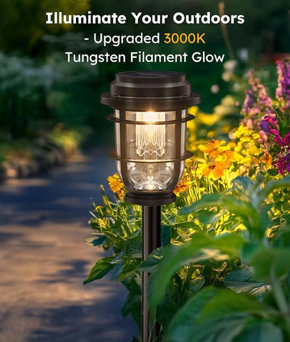 Vuees 6-Pack Solar Pathway Lights, 3-in-1 Design Outdoor Garden Patio Decor | 3000K warm glow, stake, tabletop or hanging setup, no wiring, rain-ready build, walkway, poolside and deck placement