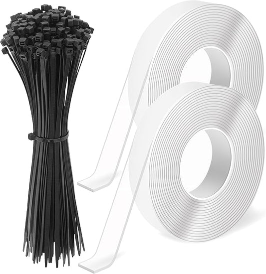 Ties and Tapes for Bird Spikes - 20PCS Plastics Zip Tie & 2PCS 3M Nano Adhesive Mounting Tape for Outdoor Use, Ideal for Keep Pigeons Cat Animal Away Plastic Spikes Bundling Fastening (Black)