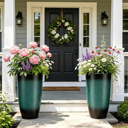 Autodaya 24" Gradient Teal Ceramic-Look Tall Planters Set of 2 | High-Density PP Pots With Drainage Hole for Indoor and Outdoor Plants, Patio, Garden, Porch, Living Room, or Gifting
