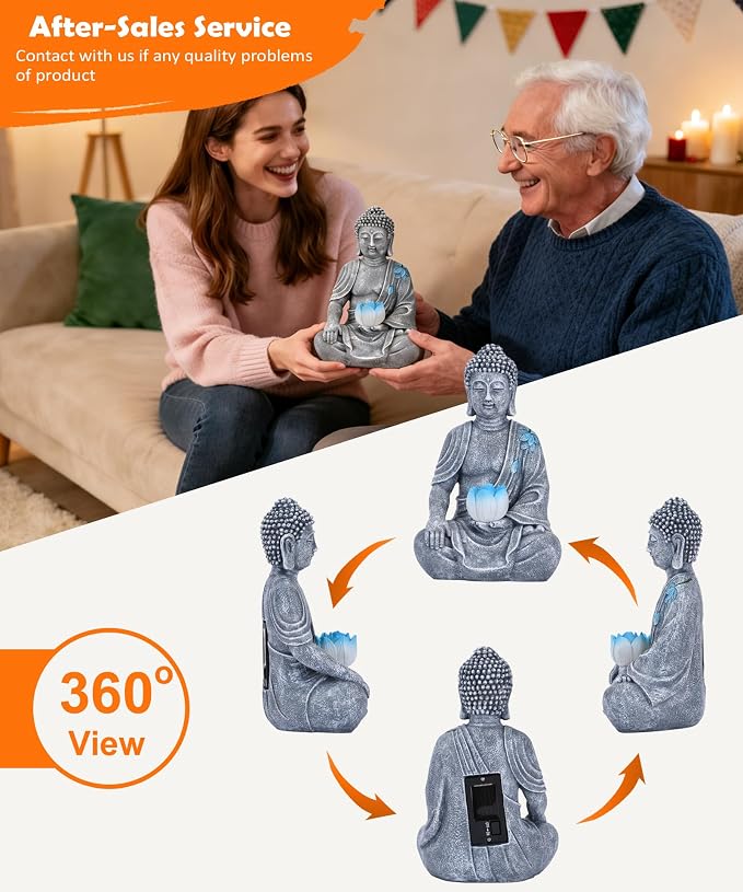 Nacome Solar Buddha Garden Statue Decor: Sitting Resin Figurine with Lotus Flower Light Zen Sculpture for Patio Lawn Yard Porch Balcony Meditation Space - 8.3 inches(Grey)