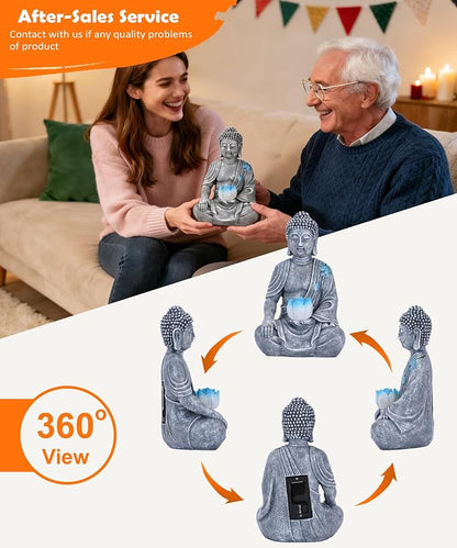 Nacome Solar Buddha Garden Statue Decor: Sitting Resin Figurine with Lotus Flower Light Zen Sculpture for Patio Lawn Yard Porch Balcony Meditation Space - 8.3 inches(Grey)