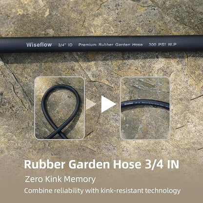 Wiseflow Garden Hose 100FT x 3/4", Heavy Duty Rubber Hose, Water Hose with Five Layered Braiding, Male Female Fittings, 1200PSI Burst, 300PSI Working for Yard, Car Wash, Pets (Black)