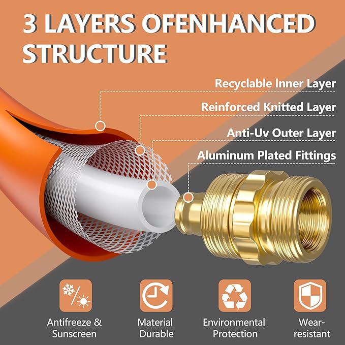 Garden Hose 50ft x 5/8", Custom Length, -40°F to 150°F, All-weather, NO Kink, Flexible, 600 Burst PSI, Leakproof Water Hose with Additional Customizable Solid GHT Fittings