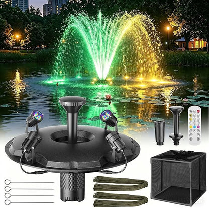 Antfraer Floating Pond Fountain with RGB LED Lights, 1200GPH Pond Fountain for Large Ponds, Remote Control Pond Aerator with 3 Spray Patterns for Water Gardens, Fish Pool & Lakes, 18 Inch Float