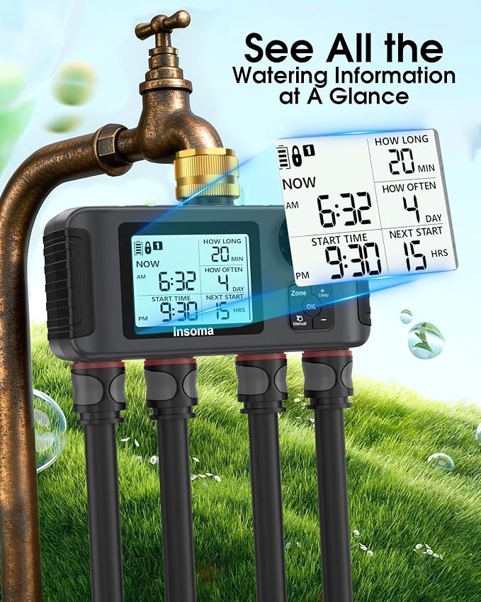 Insoma 4 Zones Sprinkler Timer with Brass Inlet & Outlet, Water Timer for Garden Hose with Auto/Manual/Rain Delay Mode, Hose Timers for Irrigation Watering System for Yard, Lawn, Plant Watering