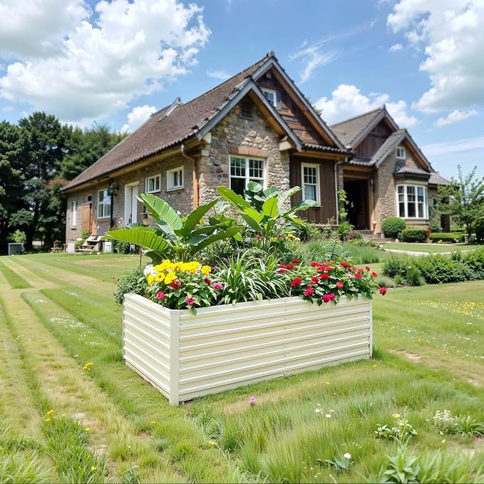 Raised Garden Bed 6x3x2ft, Galvanized Raised Garden Beds Outdoor for Vegetables Flowers Herbs, Steel Large Deep Planter Box, Tall Raised Garden Bed with 3ftx30ft Weed Barrier Fabric and Glove, Beige