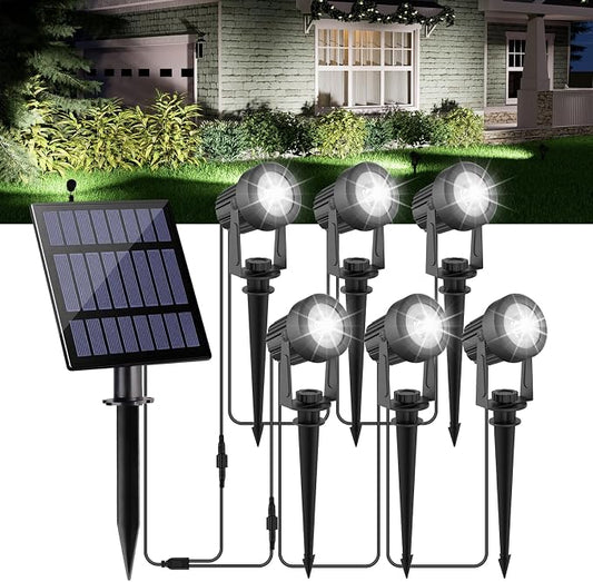 Solar Spot Lights Outdoor, Landscape Spotlights IP65 Waterproof 9.8ft Cable, Dusk to Dawn Solar Uplights for Trees Garden Yard Driveway Porch Walkway Pool (6-in-1, 6000K Cool White)