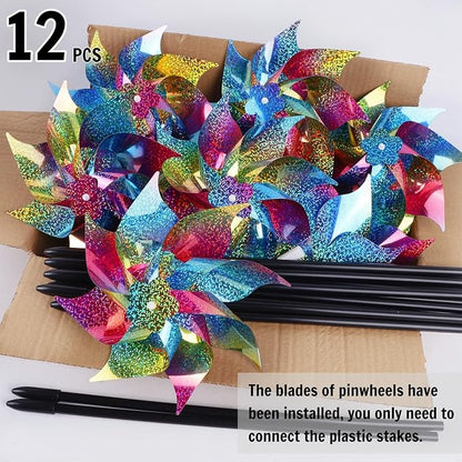 Hausse 12 Pack Reflective Pinwheels with Stakes (Pre-Assembled), Extra Sparkly Rainbow Pin Wheel for Garden Decor, Bird Repellent Devices Deterrent to Scare Birds Away from Yard Patio Farm, Colorful