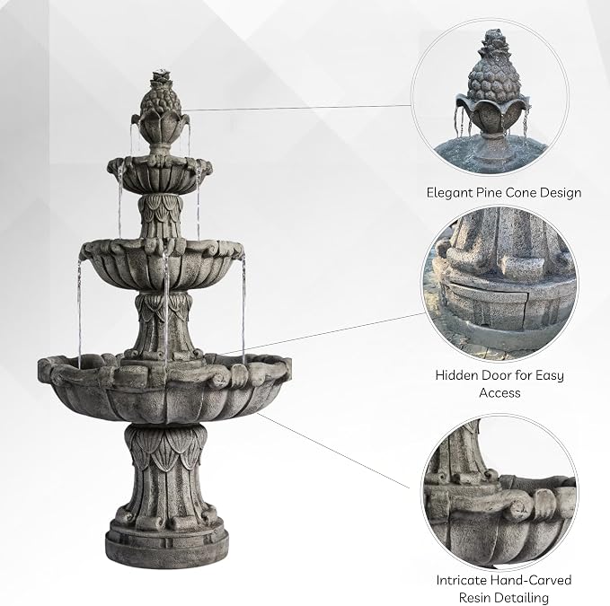 XBrand Large Outdoor Electric Bird Bath Fountain 58.3", 3-Tier Garden Water Fountain with Pump, Classic Leaf Design, Resin Floor Fountain for Yard, Lawn, Patio & Porch
