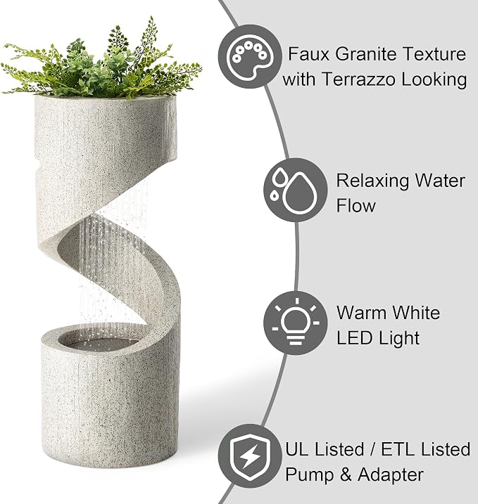 Glitzhome Outdoor Water Fountain with LED Light, Decorative Tiered Curved Waterfall Fountain with Stone Planter, Faux Terrazzo Spiral Shaped Outdoor Fountains for Garden Deck Patio Porch, 31.25”H