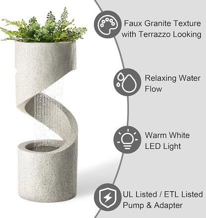 Glitzhome Outdoor Water Fountain with LED Light, Decorative Tiered Curved Waterfall Fountain with Stone Planter, Faux Terrazzo Spiral Shaped Outdoor Fountains for Garden Deck Patio Porch, 31.25”H