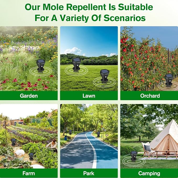 Mole Repellent Solar Powered, 4 Pack Ultrasonic Gopher Repeller IP65 Waterproof for Lawn Garden Yard, Sonic Vole Repellent Mole Killer Outdoor Get Rid of Snake Groundhog Chipmunk Squirrels-Black