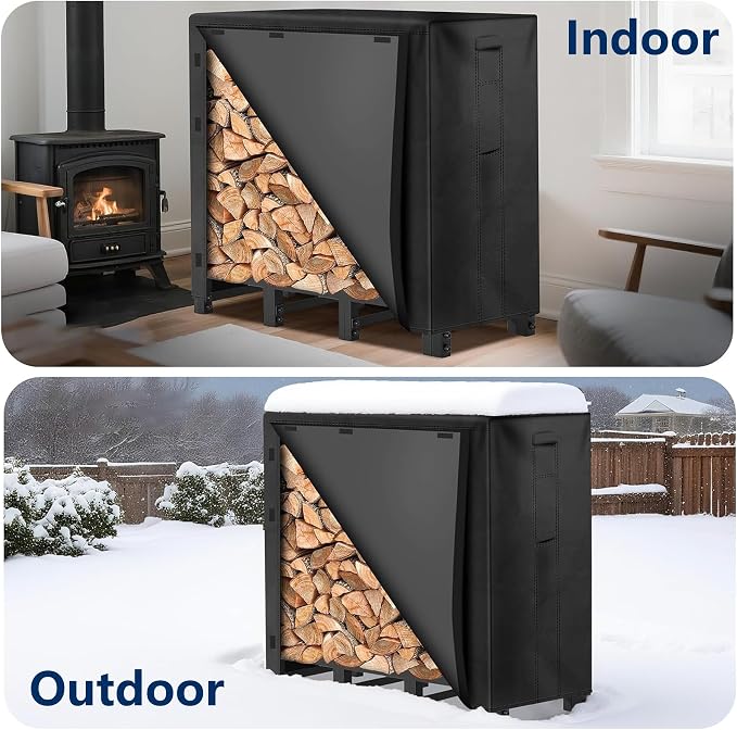 AMAGABELI GARDEN & HOME 4ft Firewood Log Rack Cover Outdoor Heavy Duty wood rack cover Waterproof Fire Wood Storage Covers 600D Oxford Fabric Fireplace Logs Holder Cover Black