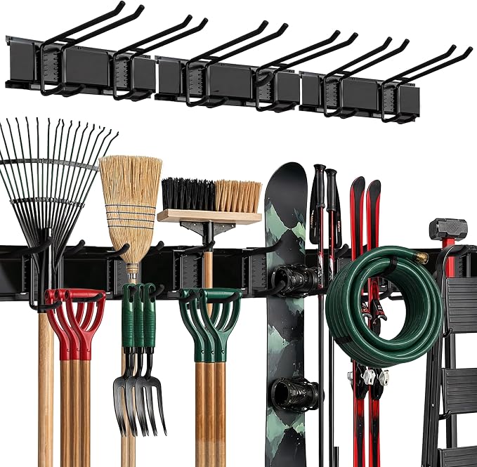 TIDYME Garage Wall Organizer | 48" Heavy-Duty Tool Storage Rack | Adjustable Double-Layer Hooks | 300 lbs Capacity | Carbon Steel Wall Mount Holder for Shovels, Rakes, Ladders & Power Tools