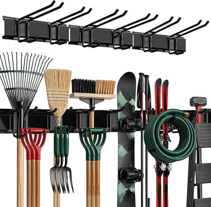 TIDYME Garage Wall Organizer | 48" Heavy-Duty Tool Storage Rack | Adjustable Double-Layer Hooks | 300 lbs Capacity | Carbon Steel Wall Mount Holder for Shovels, Rakes, Ladders & Power Tools