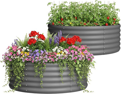 DDK Galvanized Raised Garden Bed, Round Outdoor Planter Bed, 4x4x1.5ft Metal Planter Box for Gardening and Planting,2Pack,DG