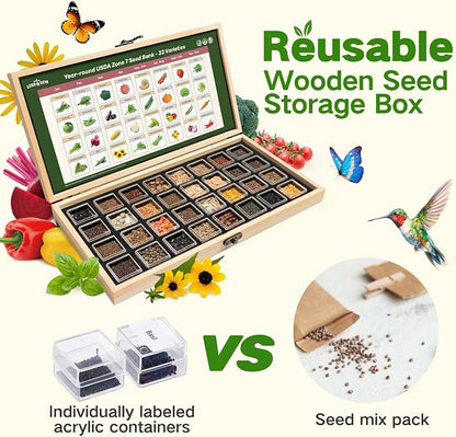 Year-Round Zone 7 Seed Bank, Gift for Mom Dad, 32 Varieties Heirloom Seeds | 30,000+ Non-GMO Vegetable Herb Flower Seeds, Gardening Gifts for Women Men, Survival Seed Kit, Raised Garden Beds Greenhouses