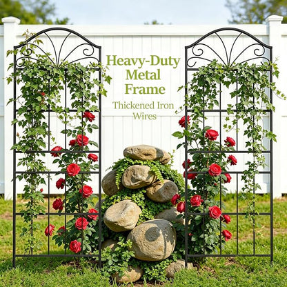 VOXOR Metal Trellis for Climbing Plants Outdoor, 60 * 19.7 Inch Tall Garden Trellis with Black Rustproof Coating, Decorative Rose Trellis for Climbing Roses, Vines, and Flowers, 2 Pack