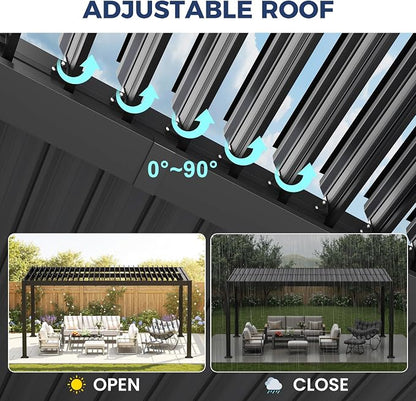 12' x 16' Louvered Pergola, Aluminum Frame Outdoor Pergola with Metal Adjustable Louvered Roof & Integrated Gutter System, Hardtop Patio Gazebo for Backyard, Patio, Garden, Dark Gray