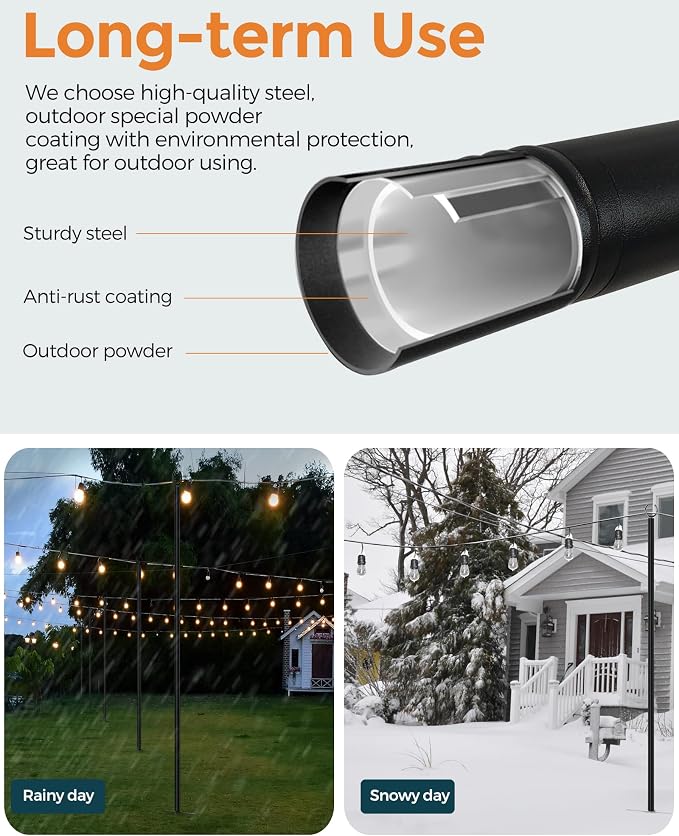 LAND·VOI Metal String Light Poles for Outside Hanging - Backyard, Garden, Patio, 2 Pack Lighting Stand with Adjustable Height for Outdoor Parties, Wedding, Extra-Long 5-Prong Claws, (10FT) FLP02B