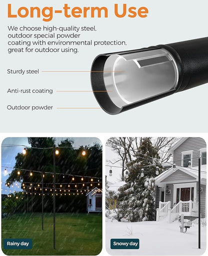LAND·VOI Metal String Light Poles for Outside Hanging - Backyard, Garden, Patio, 2 Pack Lighting Stand with Adjustable Height for Outdoor Parties, Wedding, Extra-Long 5-Prong Claws, (10FT) FLP02B