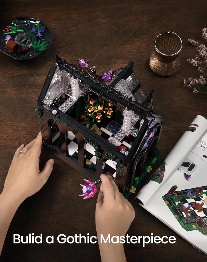 Gothic Greenhouse Building Set with Lights, Architecture Model with Stained Glass & Rose Vines, Botanical Garden Display with Flowers & Plants, Gothic Decor Building Blocks Gift for Adults 1378 Pieces