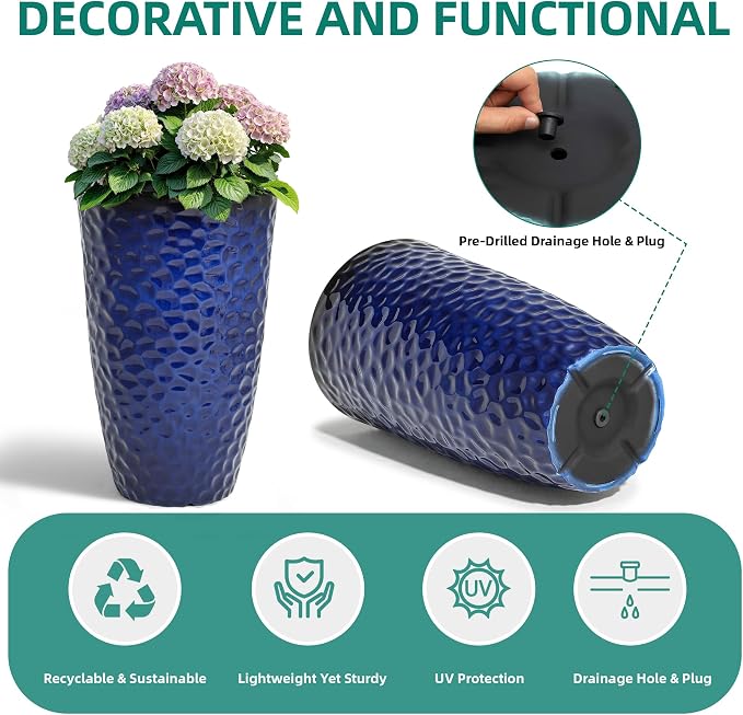23.75" Cobalt Blue Plastic Tall Planters with Honeycomb Texture | Set of 2 PP tall planters with cobalt blue honeycomb texture, drainage plugs, and UV-treated finish for porch or patio