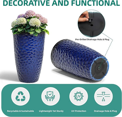 23.75" Cobalt Blue Plastic Tall Planters with Honeycomb Texture | Set of 2 PP tall planters with cobalt blue honeycomb texture, drainage plugs, and UV-treated finish for porch or patio
