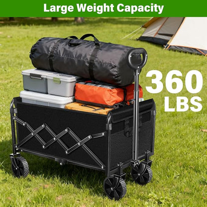 Folding Wagon Cart with All-Terrain Wheels – Heavy Duty Collapsible Utility Wagon for Grocery, Sports, Garden, Camping, Shopping (Black 360LBS)