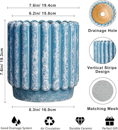 Ceramicfor Ceramic Planter, 7.6 Inch, Blue | Drainage Hole, Fluted Round Design, Indoor Outdoor Use, Decorative Flower Pot
