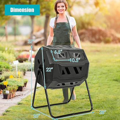 Goplus Compost Tumbler, 43 Gallon Rotating Compost Bin Barrel, Dual Chamber Tumbling Composter with Sliding Door, Gloves, Aeration System for Outdoor, Garden, Yard