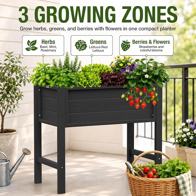 YEFU Raised Garden Bed with Legs: Compact Waterproof HDPS Outdoor Elevated Planter Box with Drainage Holes - 34x18x30 Inch for Patio/Balcony to Grow Vegetables/Herbs - 385 lbs Capacity, Black