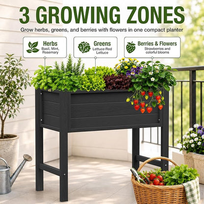 YEFU Raised Garden Bed with Legs: Compact Waterproof HDPS Outdoor Elevated Planter Box with Drainage Holes - 34x18x30 Inch for Patio/Balcony to Grow Vegetables/Herbs - 385 lbs Capacity, Black